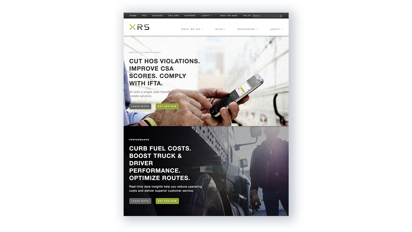 XRS homepage highlights solution benefits: Reducing HOS violations, improving CSA scores, complying with IFTA, cutting fuel costs, improving driver safety, and optimizing routes.