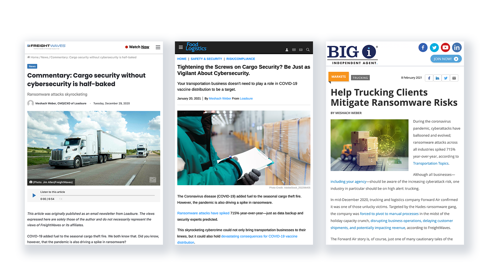 ransomware and cybersecurity articles in FreightWaves, Food Logitics, and Big I Independent Agent