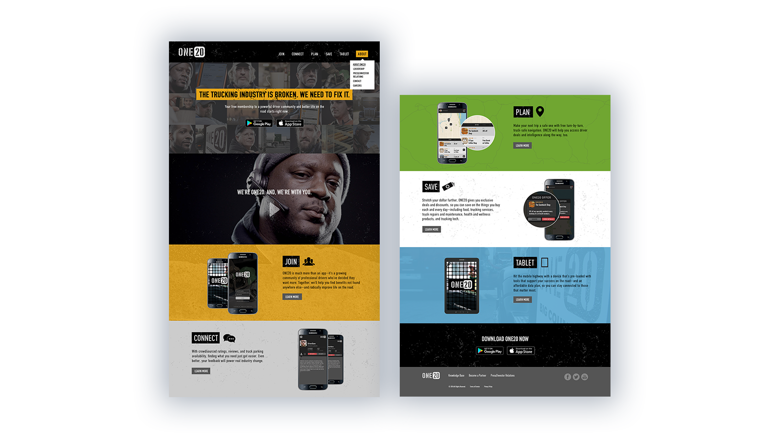 ONE20 homepage showing ONE20 ELD, trucker community app, and trucker maps content 